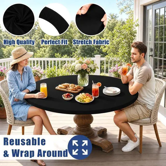 Alt view image 5 of 7 - Moosfor Spandex Round Tablecloth, Fitted Table Cloth for 45"-56" Tables | Elastic Outdoor Picnic Table Cover, Circle Stretch Waterproof Table cloths for Patio, Dining, Kitchen, Black
