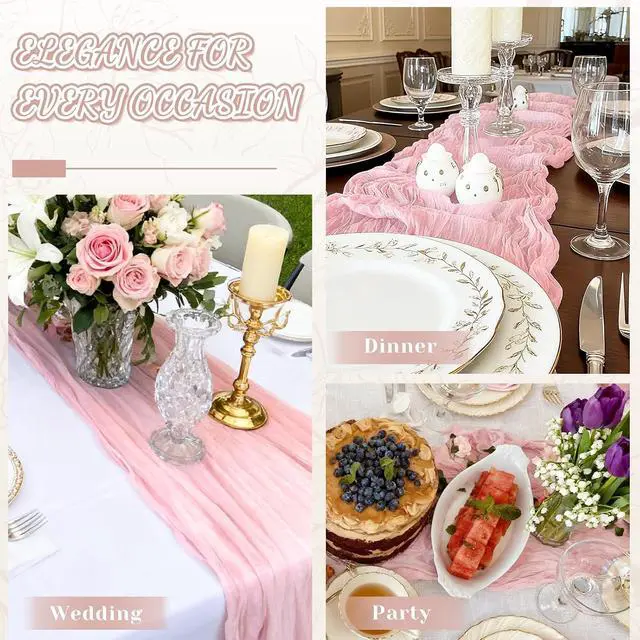 Alt view image 2 of 7 - 2 Pack Cheesecloth Table Runner, 120 Inch Pink Table Runner for Decor | 10 Ft Boho Gauze Table Runner, for Wedding, Party, Dinner, Baby Shower, St. Patrick's Day, Easter, Christmas, Valentine's Day