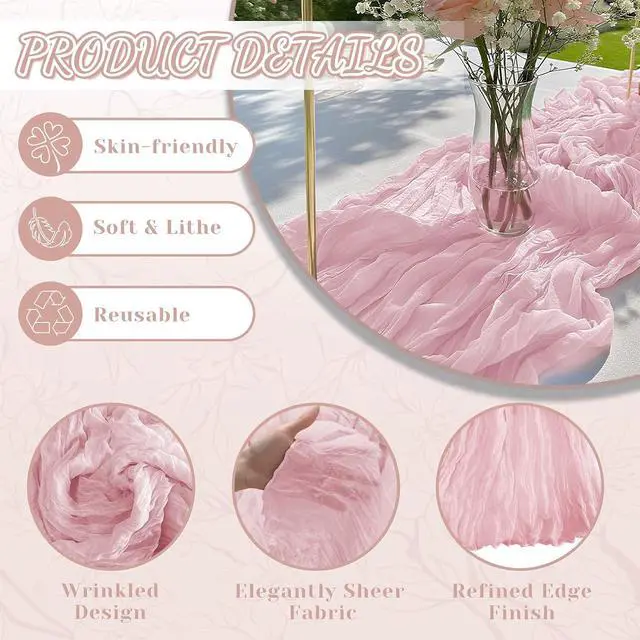 Alt view image 3 of 7 - 2 Pack Cheesecloth Table Runner, 120 Inch Pink Table Runner for Decor | 10 Ft Boho Gauze Table Runner, for Wedding, Party, Dinner, Baby Shower, St. Patrick's Day, Easter, Christmas, Valentine's Day