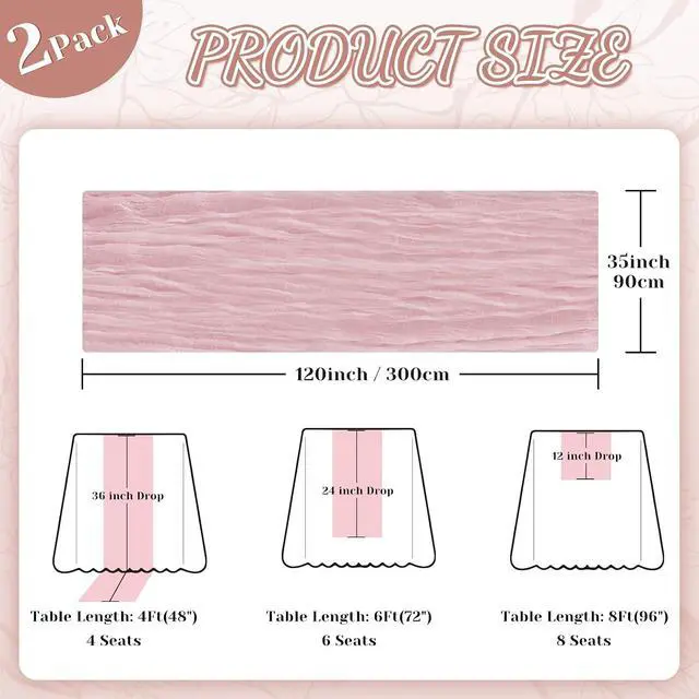 Alt view image 4 of 7 - 2 Pack Cheesecloth Table Runner, 120 Inch Pink Table Runner for Decor | 10 Ft Boho Gauze Table Runner, for Wedding, Party, Dinner, Baby Shower, St. Patrick's Day, Easter, Christmas, Valentine's Day