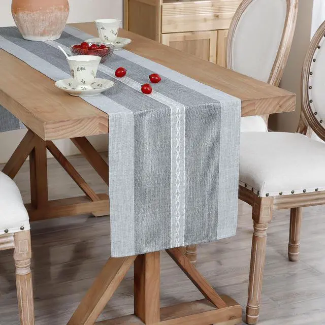 Main image of NEWISHER Farmhouse Braided Striped Embroidery Small Table Runner 36 inches | 13x36inch Table Runner, Rustic Grey Coffee Table Runners, Runners for Dresser Bedroom Weddings Holiday Living Room