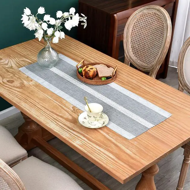 Alt view image 2 of 7 - NEWISHER Farmhouse Braided Striped Embroidery Small Table Runner 36 inches | 13x36inch Table Runner, Rustic Grey Coffee Table Runners, Runners for Dresser Bedroom Weddings Holiday Living Room