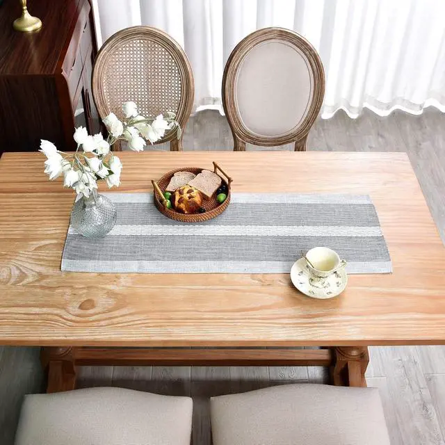 Alt view image 3 of 7 - NEWISHER Farmhouse Braided Striped Embroidery Small Table Runner 36 inches | 13x36inch Table Runner, Rustic Grey Coffee Table Runners, Runners for Dresser Bedroom Weddings Holiday Living Room