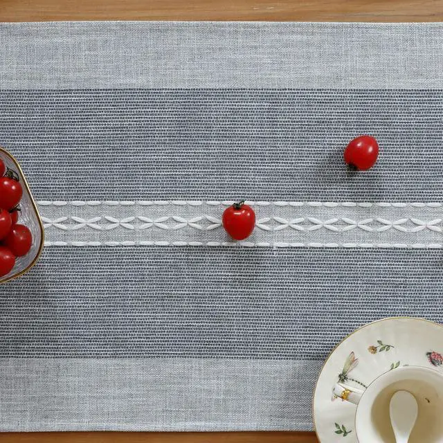 Alt view image 4 of 7 - NEWISHER Farmhouse Braided Striped Embroidery Small Table Runner 36 inches | 13x36inch Table Runner, Rustic Grey Coffee Table Runners, Runners for Dresser Bedroom Weddings Holiday Living Room