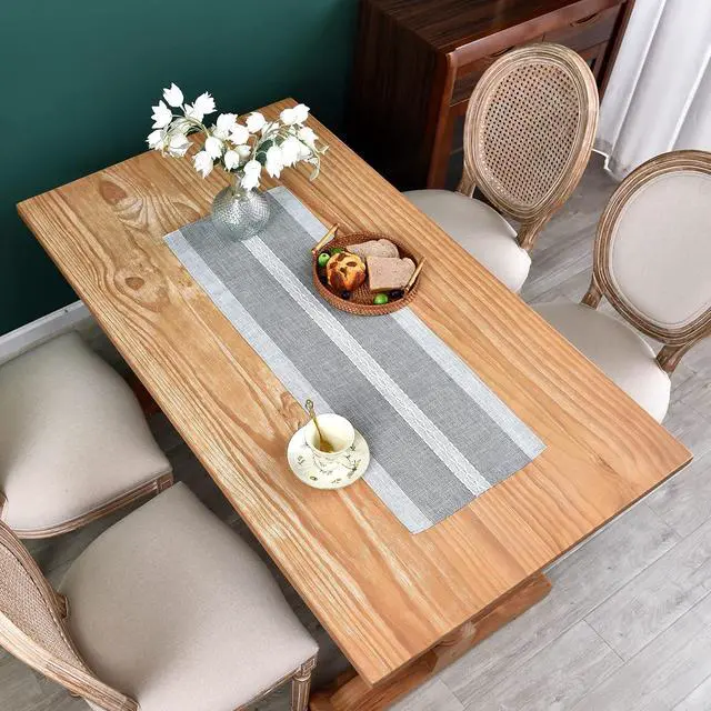 Alt view image 7 of 7 - NEWISHER Farmhouse Braided Striped Embroidery Small Table Runner 36 inches | 13x36inch Table Runner, Rustic Grey Coffee Table Runners, Runners for Dresser Bedroom Weddings Holiday Living Room