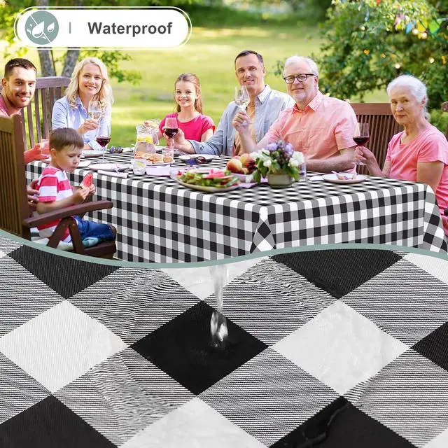 Alt view image 2 of 7 - misaya Rectangle Waterproof Vinyl Table Cloth, Buffalo Flannel Backed Tablecloth, Wipeable Plastic Table Cover for Dinner, Kitchen, Outdoor (60" x 84", Black and White)