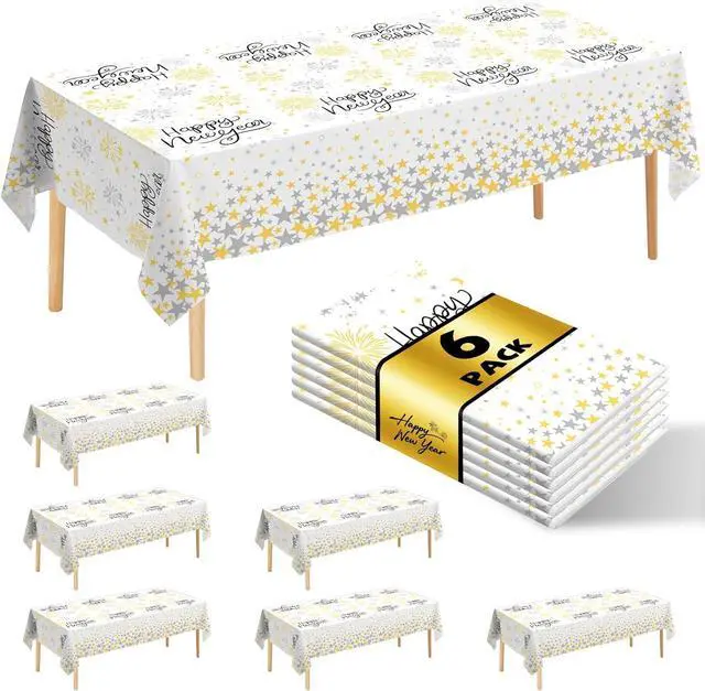 Main image of 6 Pack Happy New Year Tablecloths Premium Disposable Plastic Tablecloth 54" x 108" Table Cloths for 6 to 8 Foot Tables New Years Eve Parties Decoration Supplies (New Year White)
