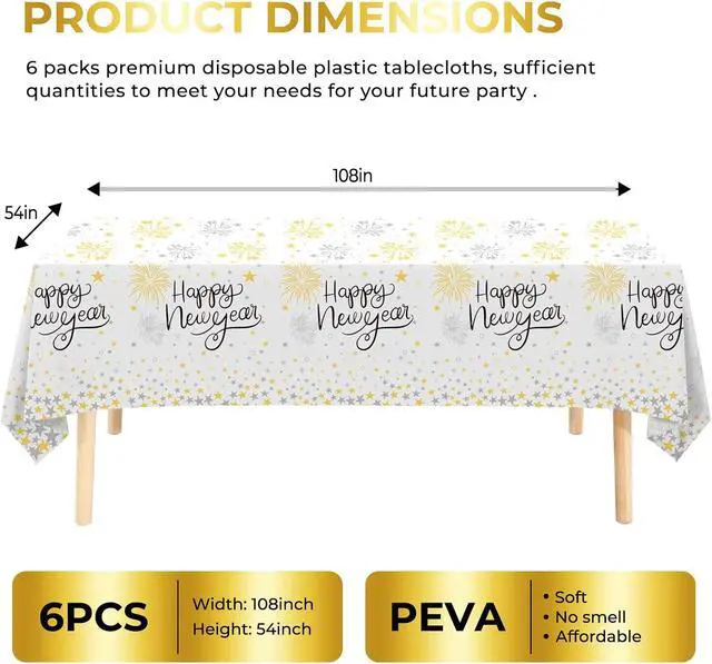 Alt view image 2 of 5 - 6 Pack Happy New Year Tablecloths Premium Disposable Plastic Tablecloth 54" x 108" Table Cloths for 6 to 8 Foot Tables New Years Eve Parties Decoration Supplies (New Year White)