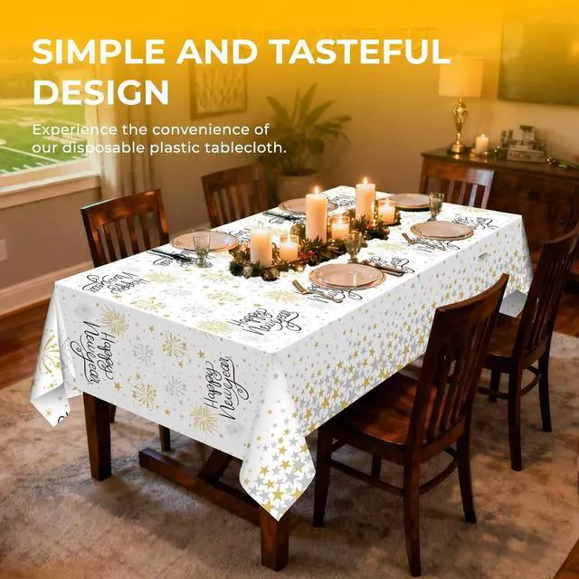 Alt view image 3 of 5 - 6 Pack Happy New Year Tablecloths Premium Disposable Plastic Tablecloth 54" x 108" Table Cloths for 6 to 8 Foot Tables New Years Eve Parties Decoration Supplies (New Year White)
