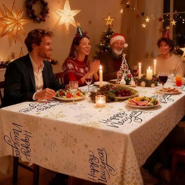 Alt view image 4 of 5 - 6 Pack Happy New Year Tablecloths Premium Disposable Plastic Tablecloth 54" x 108" Table Cloths for 6 to 8 Foot Tables New Years Eve Parties Decoration Supplies (New Year White)