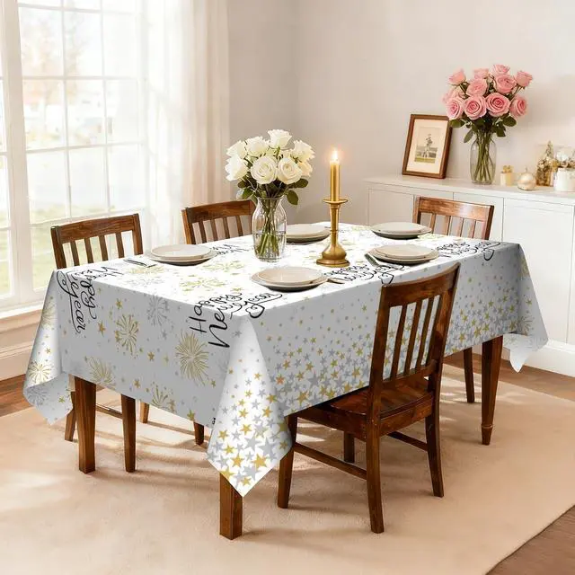 Alt view image 5 of 5 - 6 Pack Happy New Year Tablecloths Premium Disposable Plastic Tablecloth 54" x 108" Table Cloths for 6 to 8 Foot Tables New Years Eve Parties Decoration Supplies (New Year White)