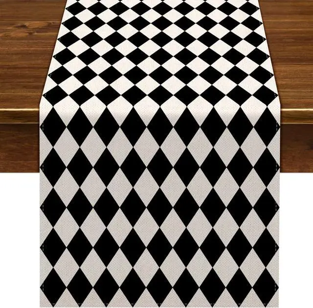 Main image of Nepnuser Black White Diamond Table Runner Tea Themed Party Decoration Picnic Holiday Harlequin Checkered Table Cover for Kitchen Dining Room 72Inches Long