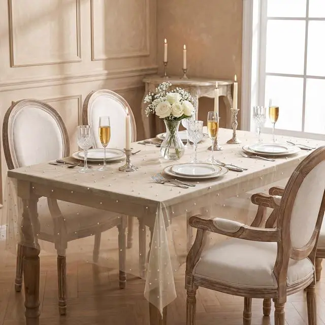 Alt view image 3 of 7 - Horaldaily White Beige Pearl Tablecloth, 60×84 Inch, Rectangular | Gauze Tablecloth, Tulle Lace Cheesecloth, Bridal Shower Wedding Birthday Table Decor