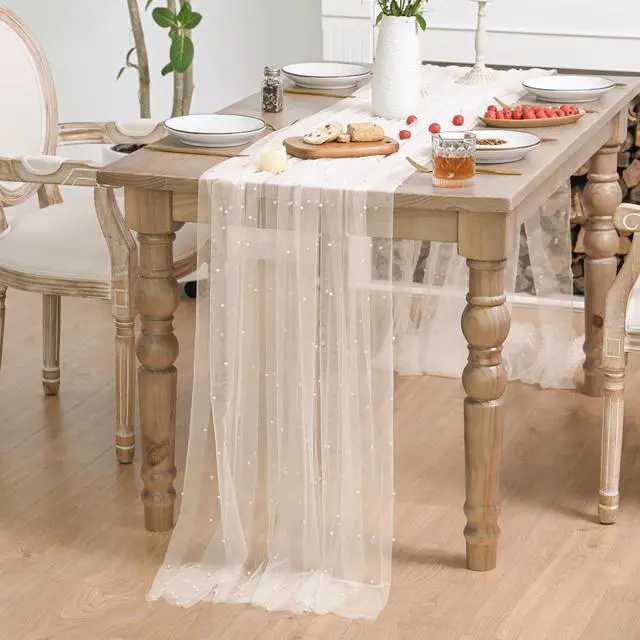 Alt view image 4 of 7 - Horaldaily White Beige Pearl Tablecloth, 60×84 Inch, Rectangular | Gauze Tablecloth, Tulle Lace Cheesecloth, Bridal Shower Wedding Birthday Table Decor