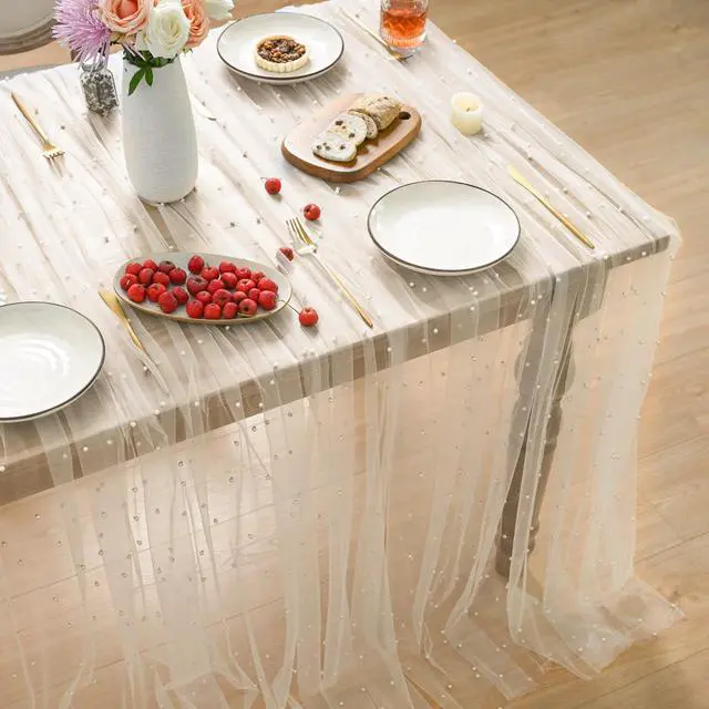 Alt view image 2 of 7 - Horaldaily White Beige Pearl Tablecloth, 60×84 Inch, Rectangular | Gauze Tablecloth, Tulle Lace Cheesecloth, Bridal Shower Wedding Birthday Table Decor