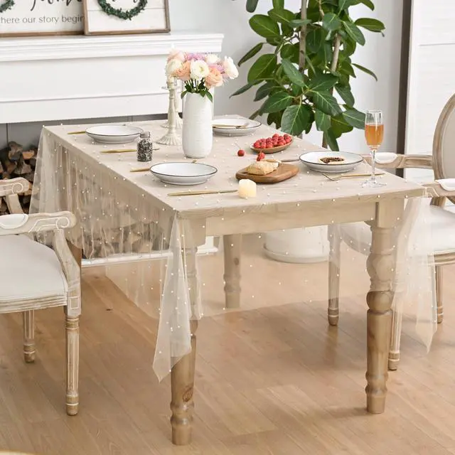 Alt view image 5 of 7 - Horaldaily White Beige Pearl Tablecloth, 60×84 Inch, Rectangular | Gauze Tablecloth, Tulle Lace Cheesecloth, Bridal Shower Wedding Birthday Table Decor