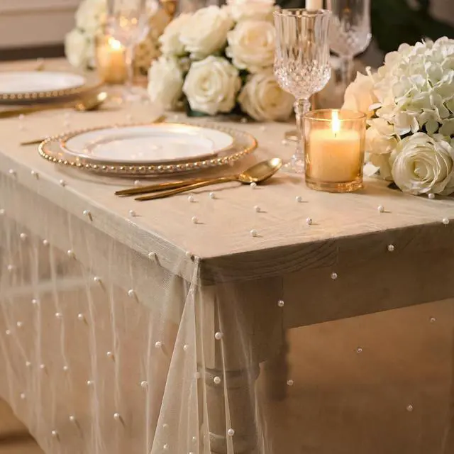 Alt view image 6 of 7 - Horaldaily White Beige Pearl Tablecloth, 60×84 Inch, Rectangular | Gauze Tablecloth, Tulle Lace Cheesecloth, Bridal Shower Wedding Birthday Table Decor