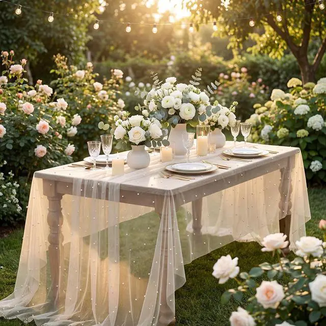Alt view image 7 of 7 - Horaldaily White Beige Pearl Tablecloth, 60×84 Inch, Rectangular | Gauze Tablecloth, Tulle Lace Cheesecloth, Bridal Shower Wedding Birthday Table Decor