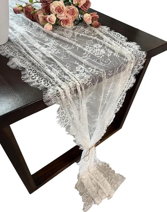 Main image of 1 Pcs White Lace Table Runner 30 x 120 Inch Vintage Rustic Table Runner for Wedding Bridal Shower Baby Shower Party Decorations Embroidered Boho Lace Table Cloth Runners