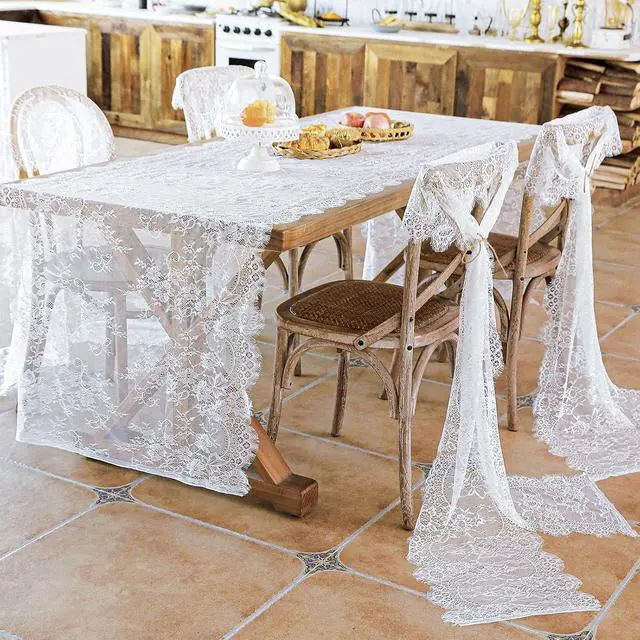 Alt view image 2 of 7 - 1 Pcs White Lace Table Runner 30 x 120 Inch Vintage Rustic Table Runner for Wedding Bridal Shower Baby Shower Party Decorations Embroidered Boho Lace Table Cloth Runners