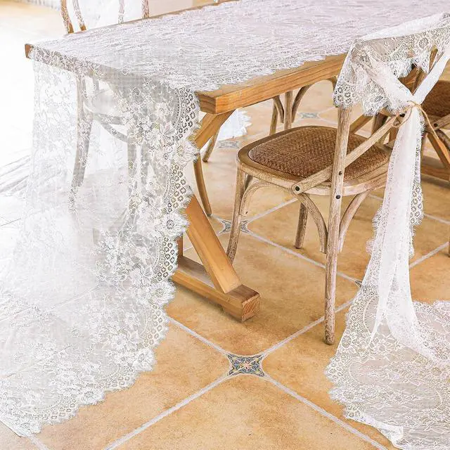 Alt view image 3 of 7 - 1 Pcs White Lace Table Runner 30 x 120 Inch Vintage Rustic Table Runner for Wedding Bridal Shower Baby Shower Party Decorations Embroidered Boho Lace Table Cloth Runners