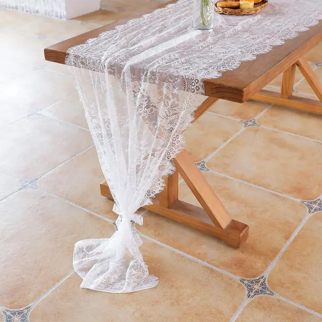 Alt view image 4 of 7 - 1 Pcs White Lace Table Runner 30 x 120 Inch Vintage Rustic Table Runner for Wedding Bridal Shower Baby Shower Party Decorations Embroidered Boho Lace Table Cloth Runners