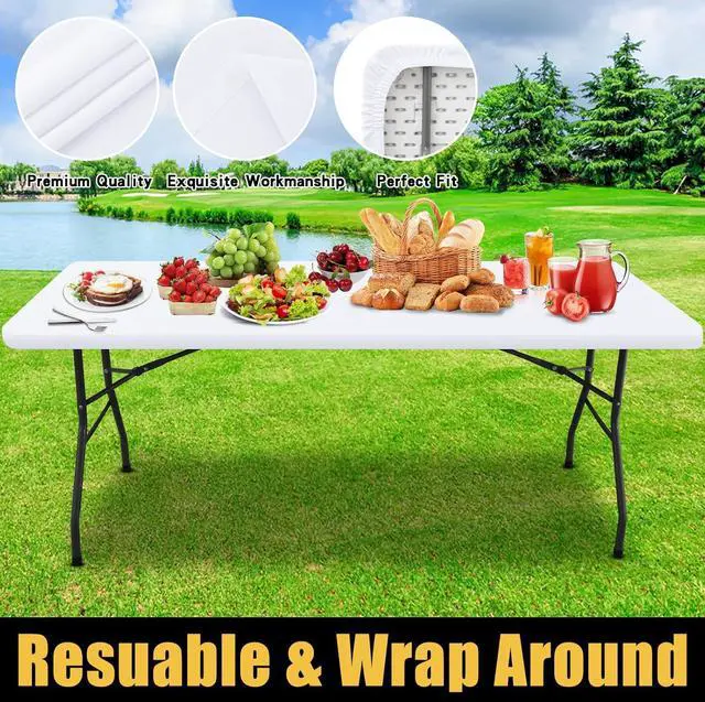 Alt view image 5 of 7 - Smiry Rectangle Picnic Table Cloth, Waterproof Elastic Fitted Tablecloths for 6 Foot Tables, Washable Polyester Table Cover for Camping, Indoor and Outdoor (White, 30"x72")