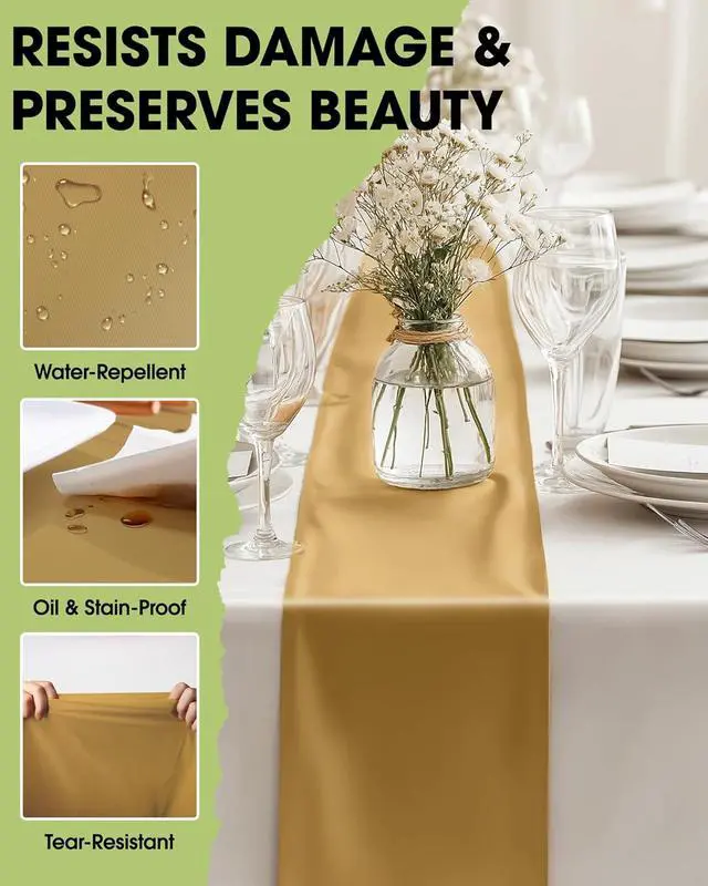 Alt view image 3 of 7 - Pureegg Gold Plastic Table Runners - 10 Pack, 14'' x 108'', Water Resistant & Disposable Centerpiece Decorations for Table Cloth, Wedding, Birthday, Holiday, Baby Shower, Party, Home Decor