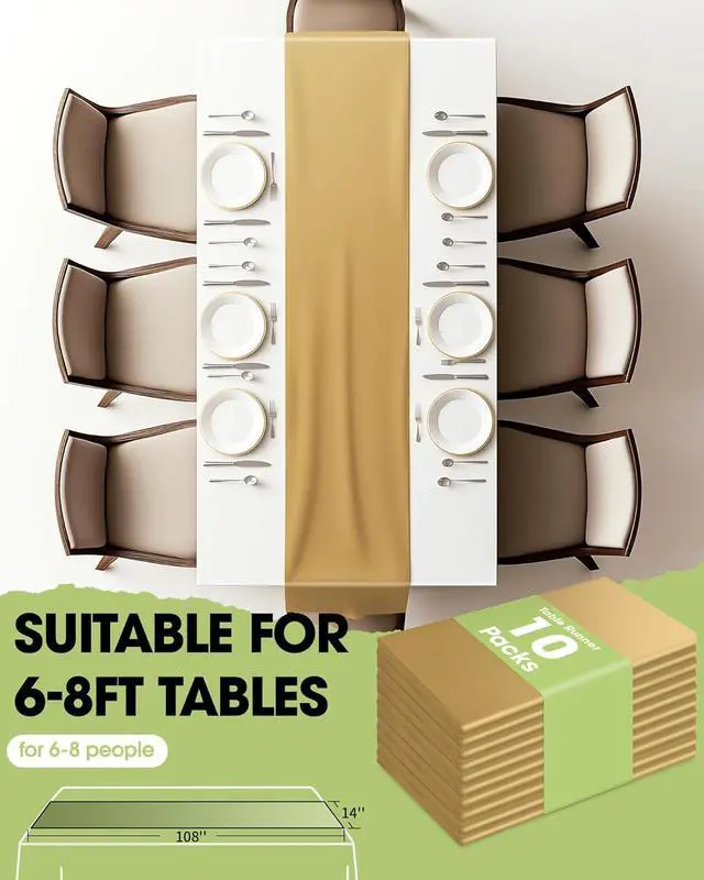Alt view image 5 of 7 - Pureegg Gold Plastic Table Runners - 10 Pack, 14'' x 108'', Water Resistant & Disposable Centerpiece Decorations for Table Cloth, Wedding, Birthday, Holiday, Baby Shower, Party, Home Decor