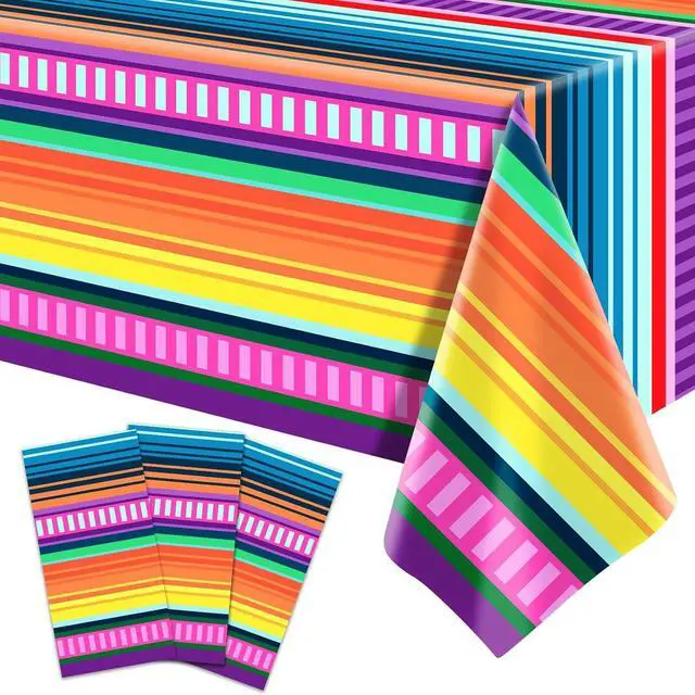 Main image of 3-Piece 54 x 108 Inch Fiesta Plastic Tablecloth Colorful Mexican Serape Stripe Disposable Table Covers for Taco Tuesday, Cinco de Mayo, Fiesta Party, Mexican Birthday and Summer Party Decorations
