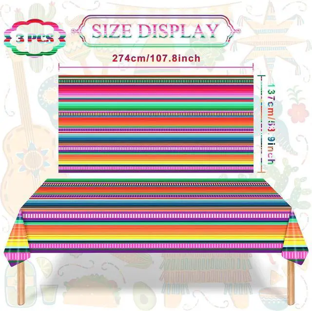 Alt view image 2 of 7 - 3-Piece 54 x 108 Inch Fiesta Plastic Tablecloth Colorful Mexican Serape Stripe Disposable Table Covers for Taco Tuesday, Cinco de Mayo, Fiesta Party, Mexican Birthday and Summer Party Decorations