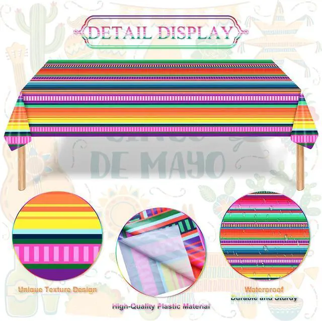Alt view image 3 of 7 - 3-Piece 54 x 108 Inch Fiesta Plastic Tablecloth Colorful Mexican Serape Stripe Disposable Table Covers for Taco Tuesday, Cinco de Mayo, Fiesta Party, Mexican Birthday and Summer Party Decorations