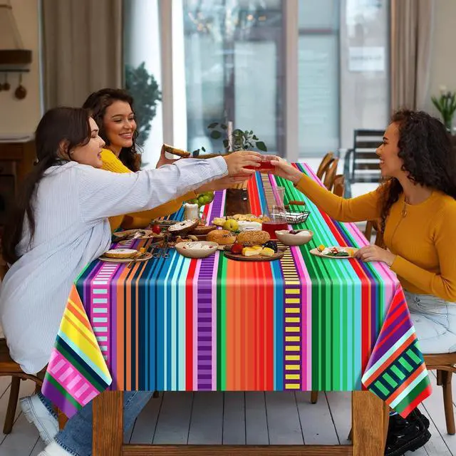 Alt view image 4 of 7 - 3-Piece 54 x 108 Inch Fiesta Plastic Tablecloth Colorful Mexican Serape Stripe Disposable Table Covers for Taco Tuesday, Cinco de Mayo, Fiesta Party, Mexican Birthday and Summer Party Decorations