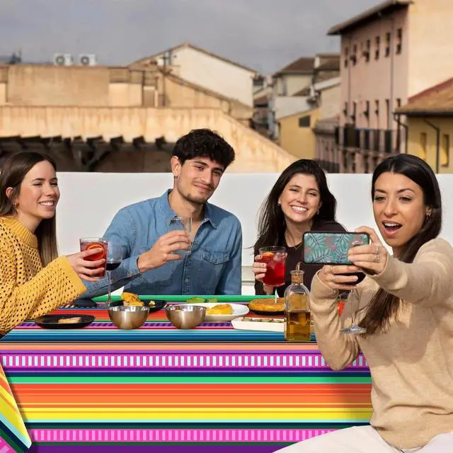 Alt view image 5 of 7 - 3-Piece 54 x 108 Inch Fiesta Plastic Tablecloth Colorful Mexican Serape Stripe Disposable Table Covers for Taco Tuesday, Cinco de Mayo, Fiesta Party, Mexican Birthday and Summer Party Decorations