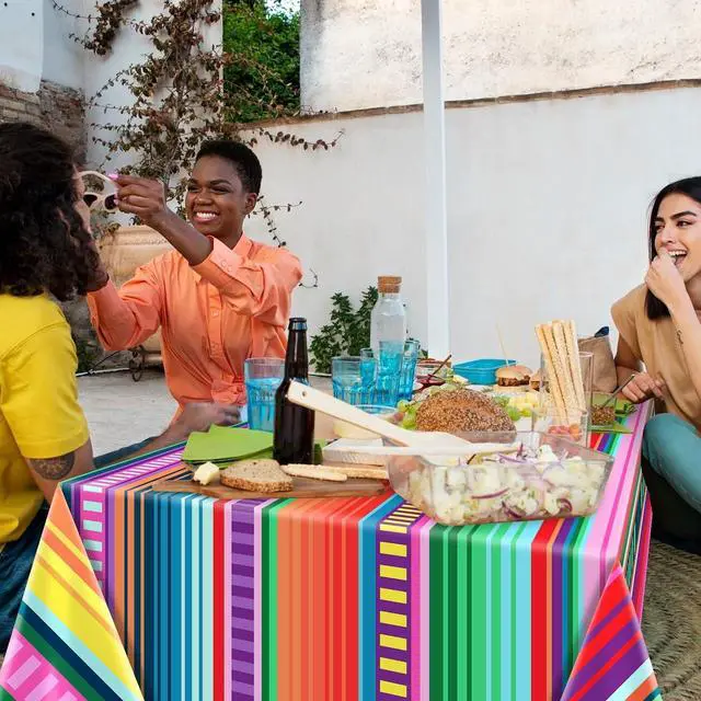 Alt view image 6 of 7 - 3-Piece 54 x 108 Inch Fiesta Plastic Tablecloth Colorful Mexican Serape Stripe Disposable Table Covers for Taco Tuesday, Cinco de Mayo, Fiesta Party, Mexican Birthday and Summer Party Decorations
