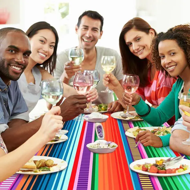 Alt view image 7 of 7 - 3-Piece 54 x 108 Inch Fiesta Plastic Tablecloth Colorful Mexican Serape Stripe Disposable Table Covers for Taco Tuesday, Cinco de Mayo, Fiesta Party, Mexican Birthday and Summer Party Decorations