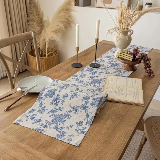 Alt view image 3 of 7 - Pastoral Table Runner - 14 x 72 Inch Rectangle - Washable Tabletop with Dust-Proof Wrinkle Resistant for Restaurant, Picnic, Indoor and Outdoor Dining, Floral (Dark Blue)