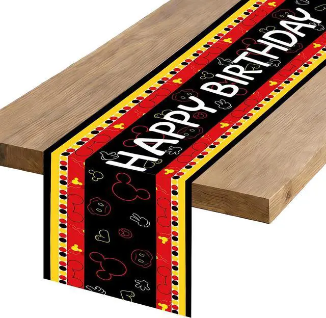 Main image of Happy Birthday Table Runner Black Red Yellow Mouse Party Decoration | Polyester Fabric, Kitchen Dining Table Home Decoration, 13x72 Inch