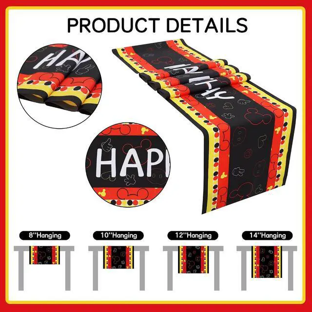 Alt view image 4 of 6 - Happy Birthday Table Runner Black Red Yellow Mouse Party Decoration | Polyester Fabric, Kitchen Dining Table Home Decoration, 13x72 Inch