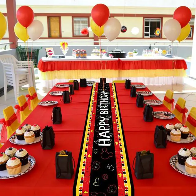 Alt view image 5 of 6 - Happy Birthday Table Runner Black Red Yellow Mouse Party Decoration | Polyester Fabric, Kitchen Dining Table Home Decoration, 13x72 Inch