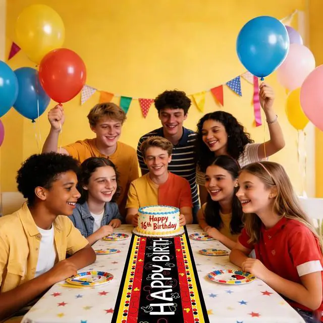 Alt view image 6 of 6 - Happy Birthday Table Runner Black Red Yellow Mouse Party Decoration | Polyester Fabric, Kitchen Dining Table Home Decoration, 13x72 Inch