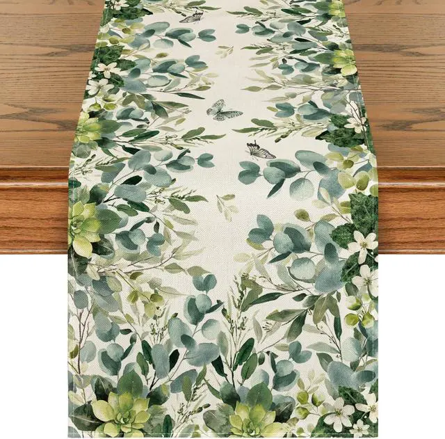 Main image of Artoid Mode Green Flowers Floral Eucalyptus Summer Table Runner, Seasonal Spring Kitchen Dining Table Decoration for Home Party Decor 13x72 Inch