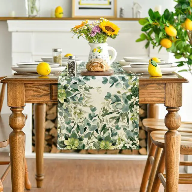 Alt view image 2 of 7 - Artoid Mode Green Flowers Floral Eucalyptus Summer Table Runner, Seasonal Spring Kitchen Dining Table Decoration for Home Party Decor 13x72 Inch