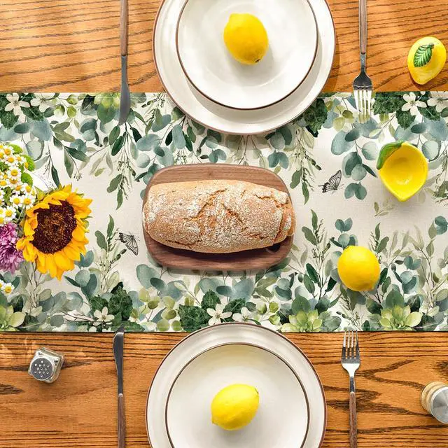 Alt view image 3 of 7 - Artoid Mode Green Flowers Floral Eucalyptus Summer Table Runner, Seasonal Spring Kitchen Dining Table Decoration for Home Party Decor 13x72 Inch