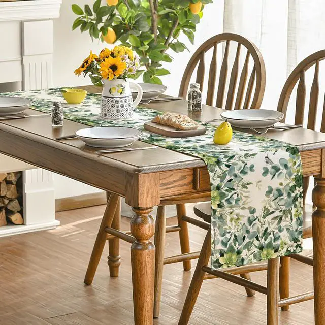 Alt view image 4 of 7 - Artoid Mode Green Flowers Floral Eucalyptus Summer Table Runner, Seasonal Spring Kitchen Dining Table Decoration for Home Party Decor 13x72 Inch