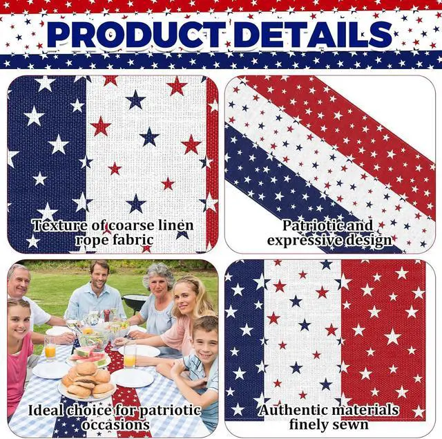 Alt view image 3 of 7 - 72 x 13 Inches Patriotic Table Runner, Red White and Blue Star Print American Flag Runner for 4th of July, Memorial Day, Veterans Day, and Independence Day Table Top Kitchen Decorations