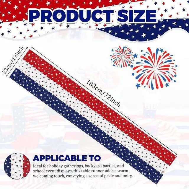 Alt view image 2 of 7 - 72 x 13 Inches Patriotic Table Runner, Red White and Blue Star Print American Flag Runner for 4th of July, Memorial Day, Veterans Day, and Independence Day Table Top Kitchen Decorations