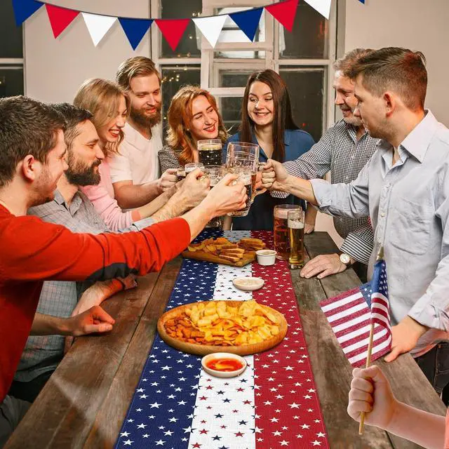 Alt view image 4 of 7 - 72 x 13 Inches Patriotic Table Runner, Red White and Blue Star Print American Flag Runner for 4th of July, Memorial Day, Veterans Day, and Independence Day Table Top Kitchen Decorations