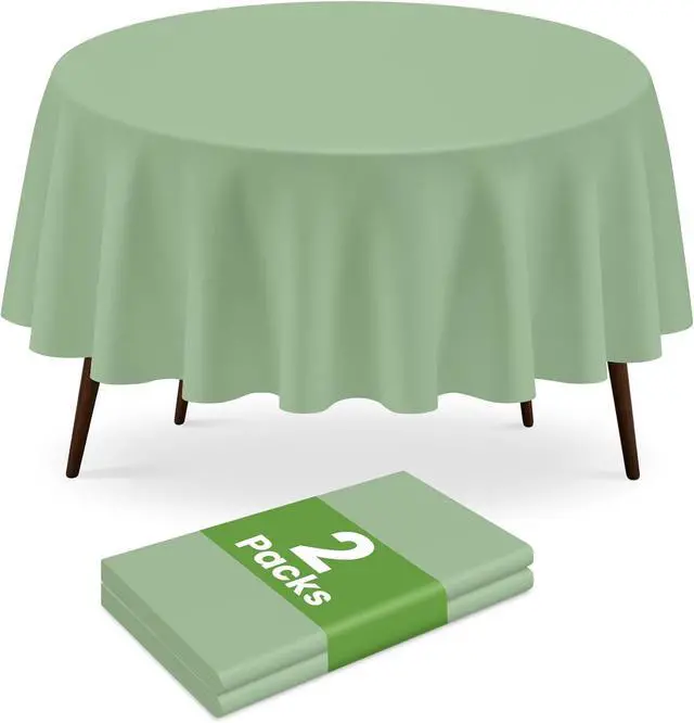 Main image of 84 Inch Sage Green Round Plastic Tablecloth Disposable, 2 Pack | Waterproof Round Table Cover, for Birthday Party, Easter Decor, Baby Shower, and Outdoor Picnic