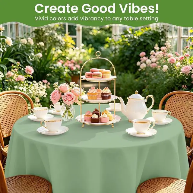 Alt view image 2 of 7 - 84 Inch Sage Green Round Plastic Tablecloth Disposable, 2 Pack | Waterproof Round Table Cover, for Birthday Party, Easter Decor, Baby Shower, and Outdoor Picnic